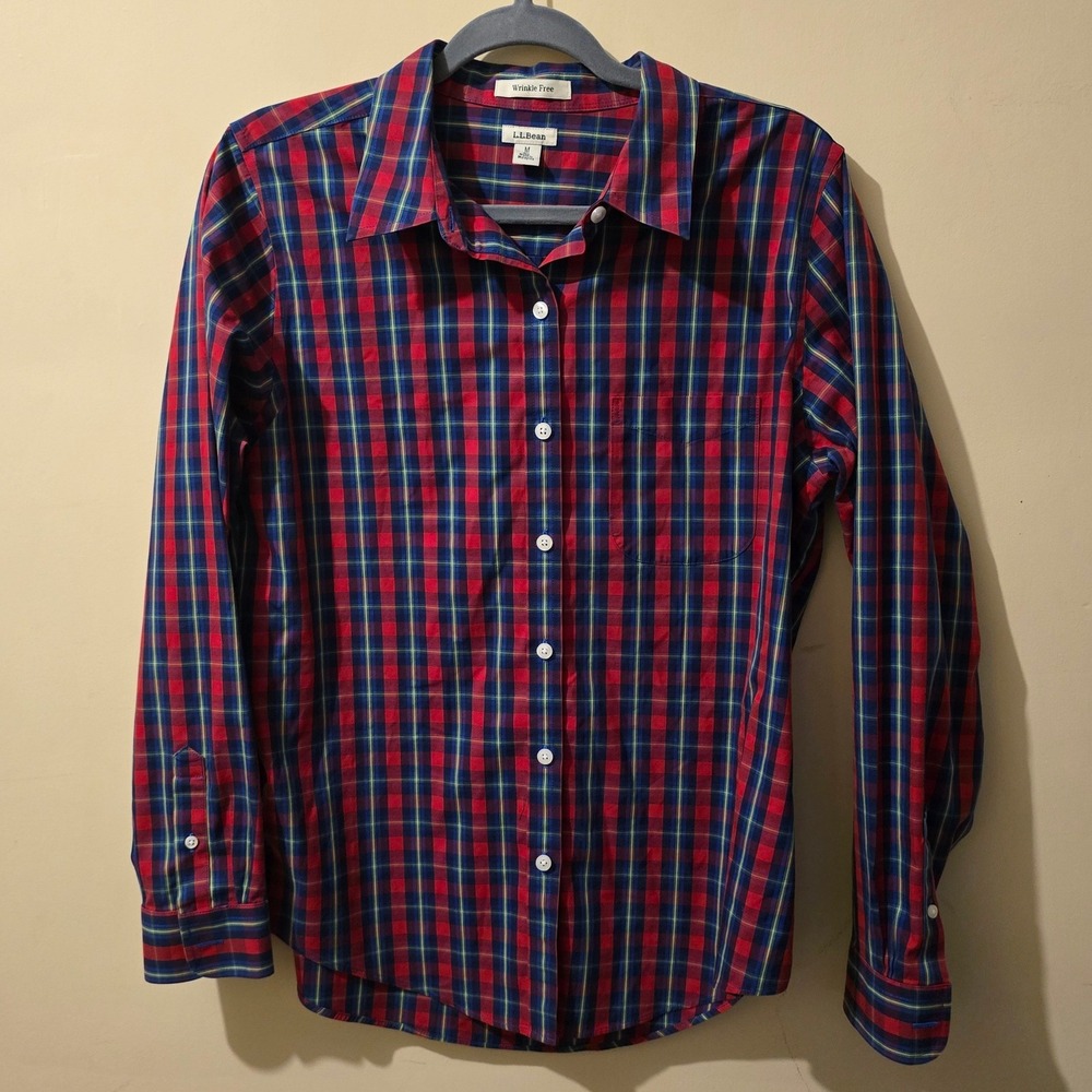 L.L.Bean Button Up Shirt Womens Medium Red Plaid Wrinkle Free Long Sleeve Cotton